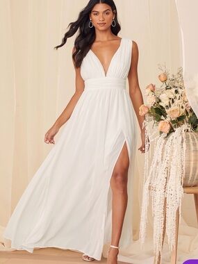 Lulu's White Plunging V-Neck Chiffon Maxi with High Slit